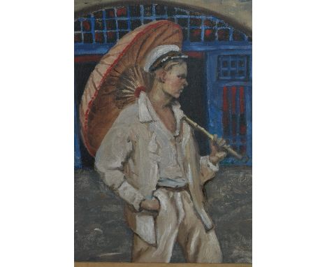 Oil on canvas laid on board, portrait of a young man in a white suit with a parasol, 11.5ins x 9.5ins