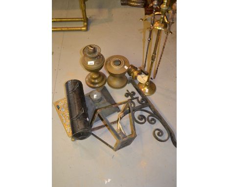 Two brass oil lamp bases, quantity of various steel and brass fire tools, an iron wall mounted lantern with bracket etc and a