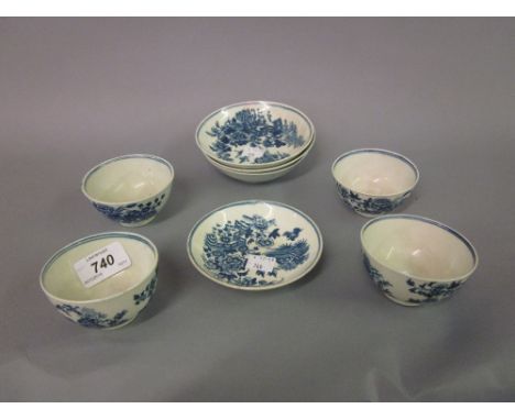 Group of four various First Period Worcester tea bowls with associated saucers CONDITION REPORT Chip to one saucer otherwise 