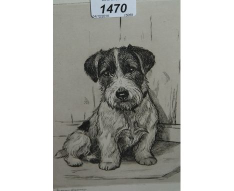 Marion Harvey signed etching, portrait of a terrier
