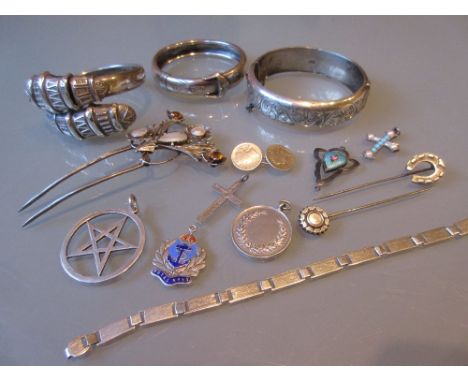 Silver bangle, two other bangles and a small quantity of other jewellery