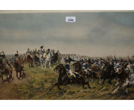 20th Century framed coloured print, Napoleonic battle scene, inscribed 1807, together with a framed engraving, signed W.G. Fe