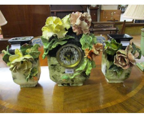 19th Century French pottery mantel clock, the mottled case with a circular painted dial and Arabic numerals, signed Henri Mar