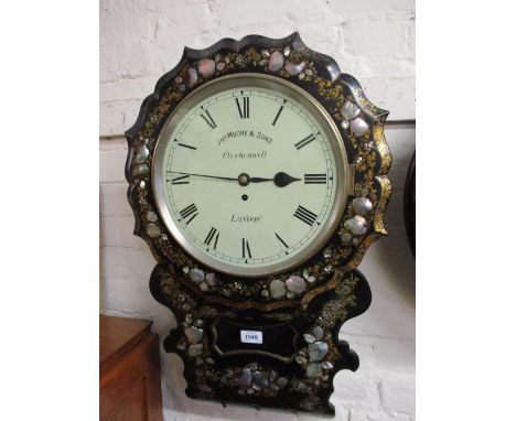 19th Century black lacquered papier mache and mother of pearl inlaid drop-dial wall clock, the shaped case enclosing a painte