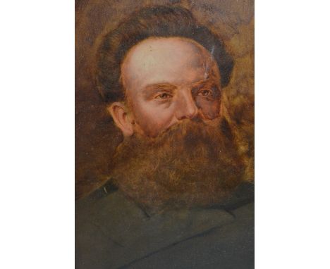 Oil on print base, portrait of a bearded gentleman, believed to be William Holman Hunt, gilded oak and mahogany frame, 14ins 