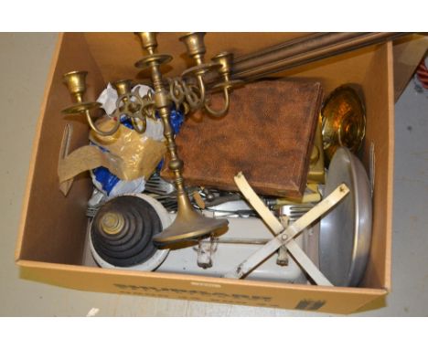 Pair of Harper white painted kitchen scales with weights, quantity of various plated flatware, brass candelabra and a pair of
