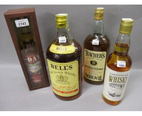 65th Anniversary D-Day bottle of whisky in box, large bottle of Bells Old Scotch Whisky, Canadian Rye whisky and a bottle of 