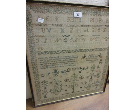 Early 19th Century needlework pictorial and alphabetical sampler by Ann Court, aged 11 years, dated 1828