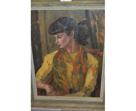 Bloomsbury Group style oil on board, portrait of a young lady in yellow, 15ins x 11ins