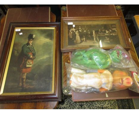 White Label Whisky advertising picture of a Scotsman and an oak framed print, together with two Muppet Show puppets of Miss P