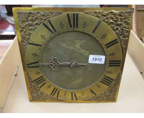 Thirty hour bird cage clock movement, the 10in square brass dial signed William Crisp Wrentham, with pendulum and weight