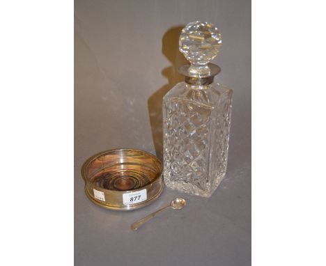 Modern London silver bottle coaster, Georgian silver mustard spoon and a silver collared cut glass decanter with stopper