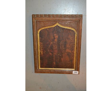 Carved oak and gilded Gothic design picture frame with portrait of a figure in armour, (picture at fault) CONDITION REPORT Ov