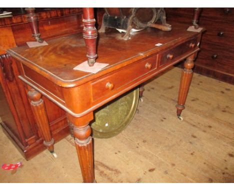 19th Century mahogany side table with a moulded top above two frieze drawers raised on turned tapering and fluted supports wi