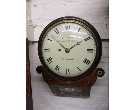 Regency mahogany and cut brass inlaid circular drop-dial wall clock, the 8in convex dial with Roman numerals, signed J. Potte