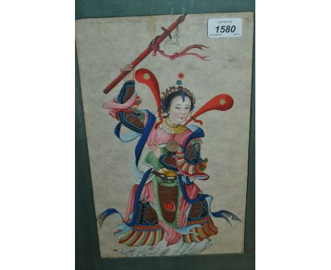 Antique Chinese painting on laid paper, portrait of a figure in elaborate costume, 13ins x 8ins
