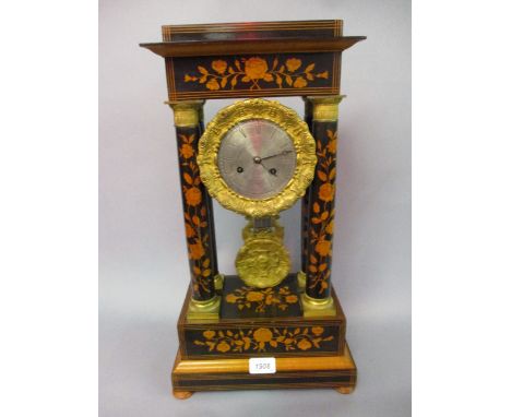 19th Century French rosewood portico clock, the movement stamped Douillon, the circular silvered dial within a floral marquet