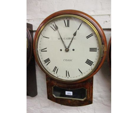 19th Century mahogany circular drop-dial wall clock, the painted dial with Roman numerals, signed William Carroll, Cork, the 
