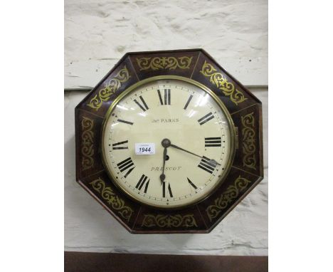 19th Century rosewood and cut brass inlaid octagonal wall clock, the circular painted dial with Roman numerals, signed Jonath