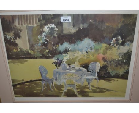 John Yardley, signed coloured print, a garden scene with a tea table, signed to the margin with Fine Art Society stamp to the