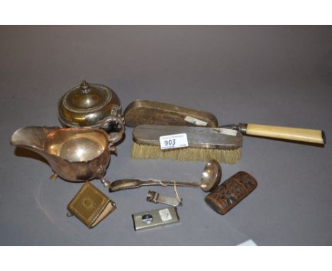 Small silver cigar cutter, silver backed hairbrush, Scottish silver ladle and various plated items