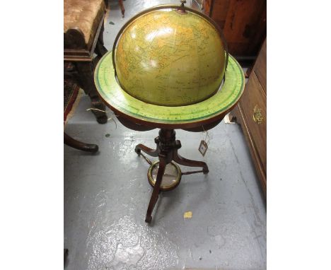 19th Century terrestrial globe, labelled Merzbach &amp; Falk, Brussels, 1881, with a brass meridian ring supported on a mahog