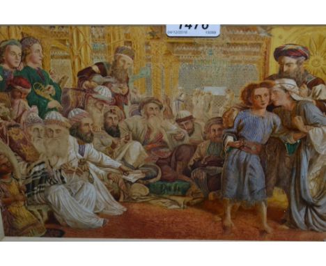 After Holman Hunt, watercolour on print base, ' Finding the Saviour in the temple ', gilded oak frame, 7.5ins x 12.5ins