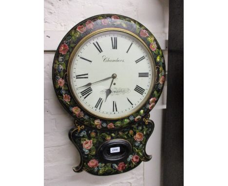 19th Century black lacquered papier mache and floral painted circular drop-dial wall clock, the painted dial with Roman numer