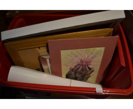 Red box containing a quantity of various paintings and prints including a watercolour, still life by J. Cooper, Russell Flint