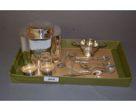 Collection of various silver plated items from Fortnum and Mason, including tea caddy, spoons, sugar tongs, napkin rings and 