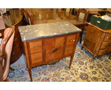 Late 19th or early 20th Century French kingwood marquetry inlaid two drawer commode with a marble top raised on square taperi