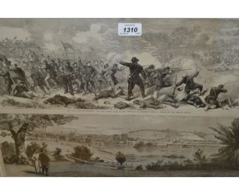 Three framed black and white engravings, American Civil War scenes, together with a coloured engraving ' Encampment of the Br