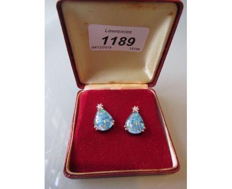 Pair of 9ct gold diamond, mosaic and opal earrings in a red box