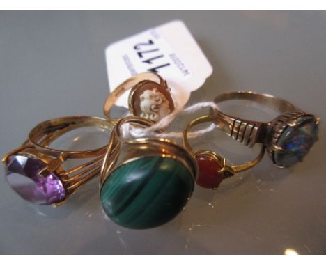 Group of five various gold dress rings set amethyst, malachite, cameo, opal doublet and cornelian