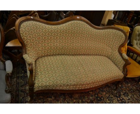 19th Century French fruitwood and upholstered sofa raised on cabriole front supports