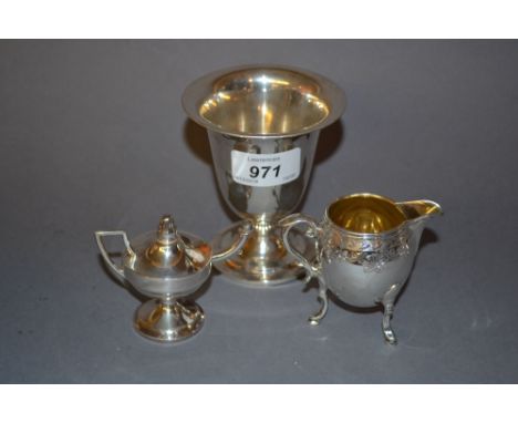 Small Continental silver vase of plain design, miniature oil lamp and a miniature jug