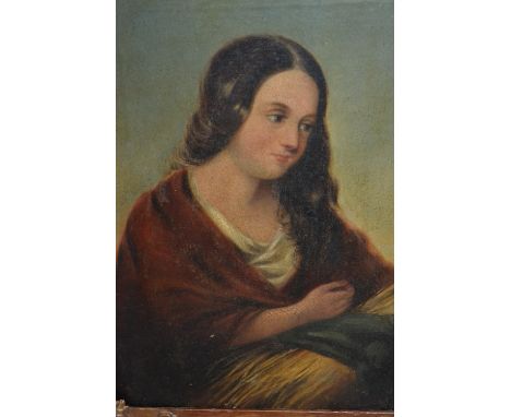 19th Century oil on canvas, portrait of a young lady with bale of hay, 14ins x 11ins