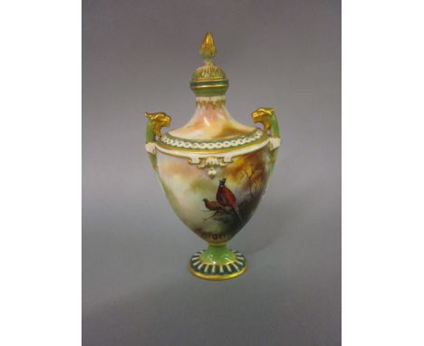 Royal Worcester porcelain vase and cover painted with pheasants and a landscape, signed H. Martin (damage to cover and small 