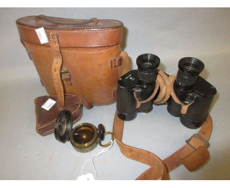 Pair of Air Ministry leather cased binoculars and a World War I leather cased field compass (at fault) CONDITION REPORT Some 