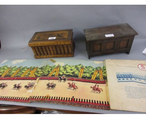Sorrento ware box, miniature coffer and a Coronation procession panorama print