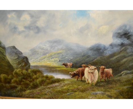 William Langley, oil on canvas, Highland cattle in a landscape, 20ins x 30ins, gilt framed CONDITION REPORT Signed Wm. Langle