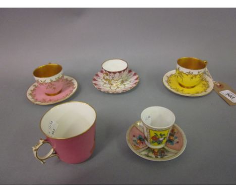 Pair of Royal Worcester porcelain miniature cups and saucers decorated in pink and yellow, together with two other miniature 