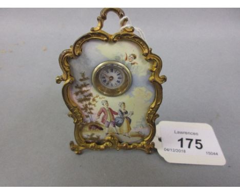 Miniature 19th Century Austrian gilt metal clock enamel decorated with figures in a landscape CONDITION REPORT Not currently 