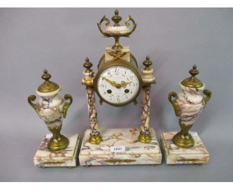 French flecked marble and ormolu clock garniture, the enamel dial with Arabic numerals, with a two train movement striking on
