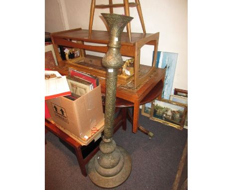 Middle Eastern brass standard lamp together with a similar large circular tray