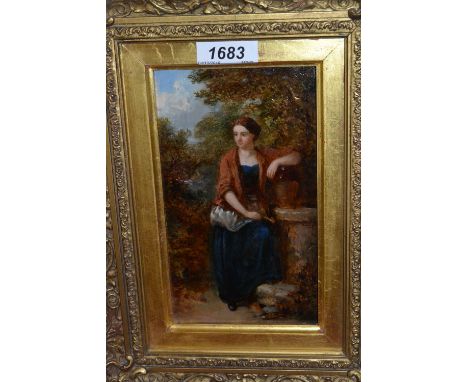 Herman G. Herkomer, oil on panel, a girl with a water pitcher standing beside a well, signed with initials and dated 1879, 7.