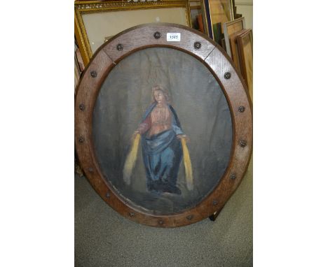 19th Century oil on canvas, loosely laid on panel, portrait of the Madonna, oval Gothic design frame