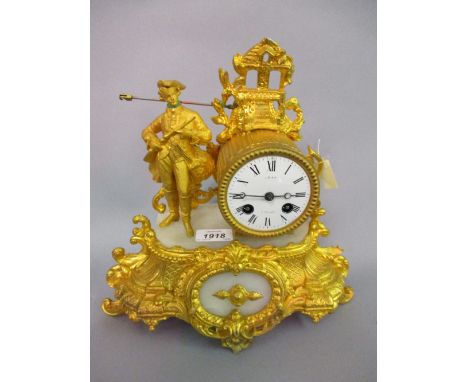 Gilt metal figural mantel clock in the form of a huntsman, the dial signed Prat a Chinon, beneath a glass dome