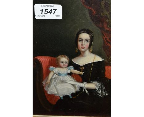 19th Century oil on panel, portrait of Arabella Cumming with her daughter, attributed verso, Henrietta G. Gubbins, 8ins x 6.5