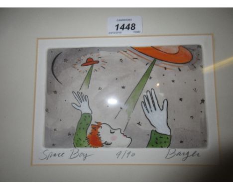 Peter Barger, artist signed Limited Edition etching, ' Space Boy ', 4ins x 6.5ins, framed